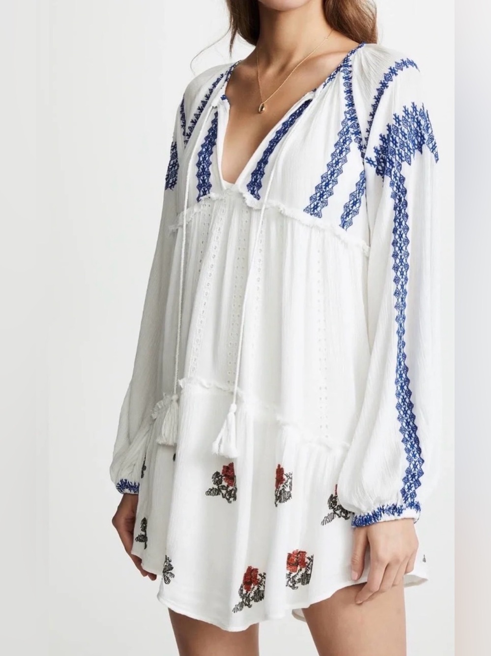 Free People White Cover-Up Tunic with Blue Embroidery and Red Floral Accents